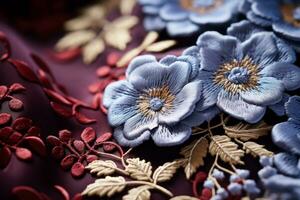 Macro capture of exquisite embroidery on brocade fabric accentuating complex details photo