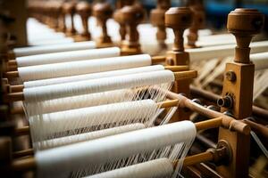 Macro depiction of cotton threads finely interwoven in traditional weaving loom photo