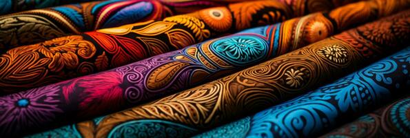 Close up capture of hand drawn patterns on vibrant Batik fabric textures photo