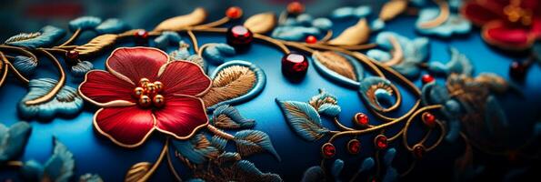 Macro capture of exquisite embroidery on brocade fabric accentuating complex details photo