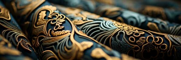 Intricate woven patterns of Jacquard fabric captured in detailed close up photo