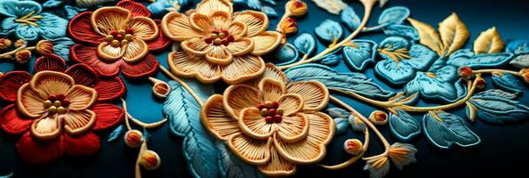 Macro capture of exquisite embroidery on brocade fabric accentuating complex details photo