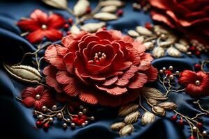 Macro capture of exquisite embroidery on brocade fabric accentuating complex details photo