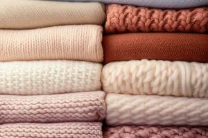 Sunlit close up details of cozy knitted wool textures in soft hues photo