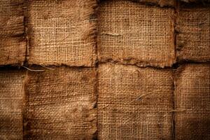 Macro image highlighting the rough hewn textures of rustic burlap materials photo