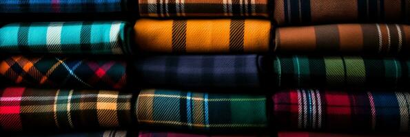 Assortment of tartan plaid patterns in varied color palettes displayed up close photo