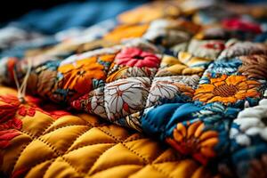 Close up showcasing intricate stitches and patterns in traditional quilted fabrics photo