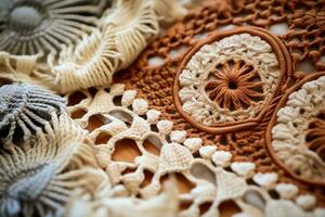 Detailed images presenting handmade macrame and crochet patterns on soft textiles photo
