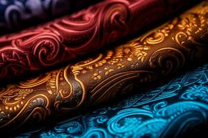 Close ups highlighting detailed paisley designs on a variety of textile materials photo