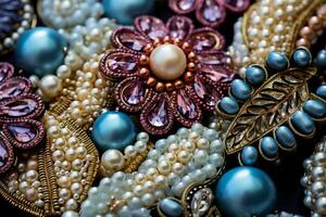 Macro captures of bead embroidery details on assorted soft textile backgrounds photo