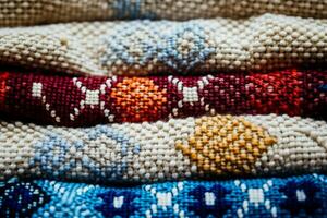 Close up captures of traditional cross stitch patterns on rustic textile backgrounds photo