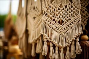 Close up images displaying the delicate details of handmade macrame designs photo