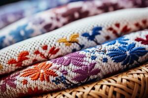 Close up captures of traditional cross stitch patterns on rustic textile backgrounds photo