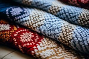 Close up captures of traditional cross stitch patterns on rustic textile backgrounds photo