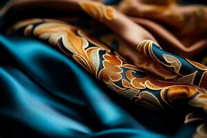 Macro shots revealing elegant brocade patterns on luxurious silk textiles photo