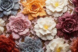 Detailed imagery displaying vintage floral lace patterns on pastel textile backgrounds photo