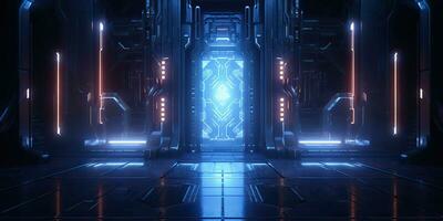 AI Generated. AI Generative. Futuristic space ship galaxy alien door gate entrance sci fi concept neon indoor architecture. Graphic Art photo