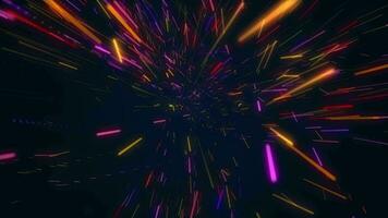 un explosión de brillante neón multicolor digital datos partículas arremolinándose a alto velocidad. súper rápido partícula animación. esta explotando partículas movimiento antecedentes es hd y un sin costura bucle. video