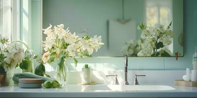 ai generado. ai generativo. blanco moderno mínimo blanco lujo lavabo baño cocina con espejo y planta flor. gráfico Arte foto