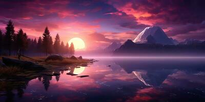ai generado. ai generativo. púrpura rosado color puesta de sol noche naturaleza al aire libre lago con montañas paisaje antecedentes. gráfico Arte foto