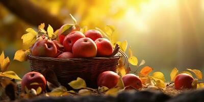 AI Generated. AI Generative. Autumn fall fresh organic red apples in wooden basket. Graphic Art photo