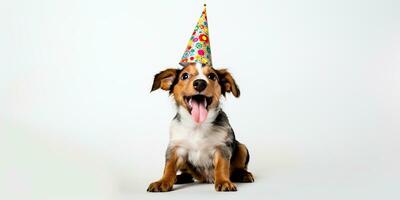 AI Generated. AI Generative. Cute funny dog pet in birthday party hat celebration. Graphic Art photo