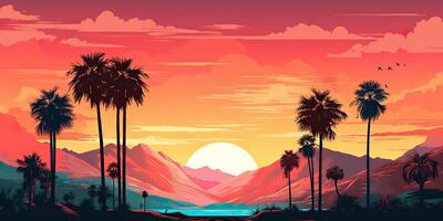 AI Generated. AI Generative. Vintage retro background landscape with palm trees mountain and lake sea ocean. Graphic Art photo