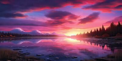 AI Generated. AI Generative. Purple pink color sunset evening nature outdoor lake with mountains landscape background. Graphic Art photo