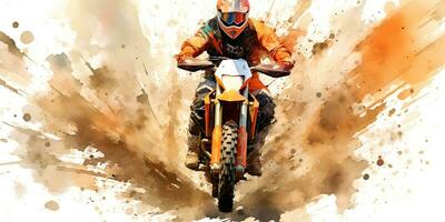 AI Generated. AI Generative. Enduro moto cross offroad motorbike motorcycle dirty road outdoor watercolor paint draw art. Graphic Art photo