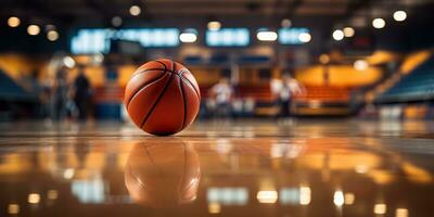 ai generado. ai generativo. baloncesto juego deporte arena estadio Corte en destacar con cesta pelota en piso. gráfico Arte foto