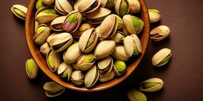 ai generado. ai generativo. pistacho nueces en cuenco en de madera mesa. sano vegano orgánico alimento. gráfico Arte foto