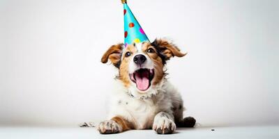 AI Generated. AI Generative. Cute funny dog pet in birthday party hat celebration. Graphic Art photo