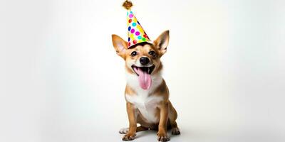 ai generado. ai generativo. linda gracioso perro mascota en cumpleaños fiesta sombrero celebracion. gráfico Arte foto