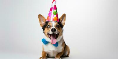 AI Generated. AI Generative. Cute funny dog pet in birthday party hat celebration. Graphic Art photo