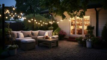Outdoor string lights and cozy seating area photo