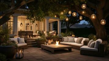 Outdoor string lights and cozy seating area photo