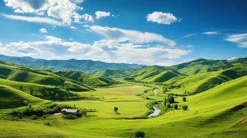 Peaceful countryside with rolling green hills photo