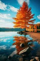 Serene lake reflecting colorful autumn trees photo