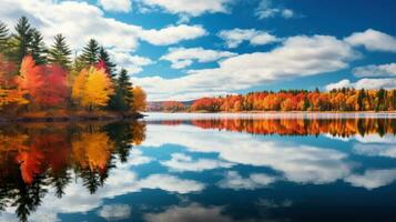 Serene lake reflecting colorful autumn trees photo