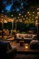 Outdoor string lights and cozy seating area photo