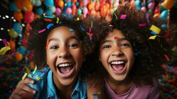 Smiling faces with party poppers and streamers photo