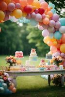 Colorful balloon arches over dessert table photo