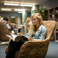Student reading textbook in quiet study area photo