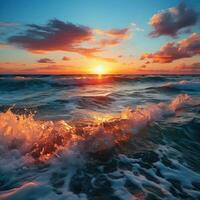 Vibrant sunset over calm ocean waves photo