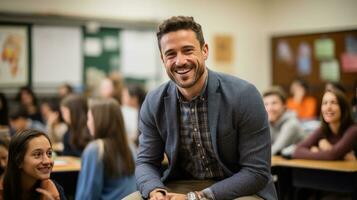 Teacher leading a discussion with engaged students photo