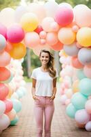 Colorful balloon arches over dessert table photo