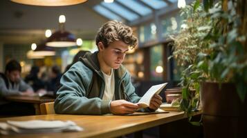 Student reading textbook in quiet study area photo