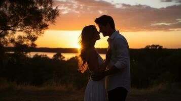 Pareja compartiendo un Beso en frente de puesta de sol foto