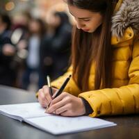 de cerca de estudiante tomando escrito notas foto