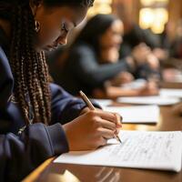 de cerca de estudiante tomando escrito notas foto